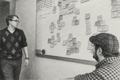 Geoff at a whiteboard covered in sticky notes